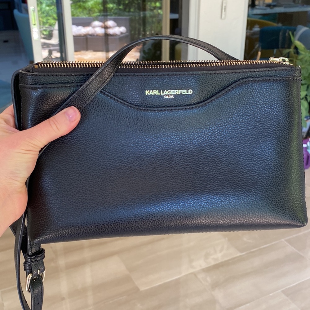 Karl Lagerfelt Black Leather Crossbody Double Zip Classic Handbag - Like New